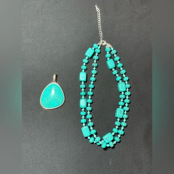 ⏰ NWOT Premier Designs faux turquoise silver necklace pendant stretch bracelets - Picture 4 of 11
